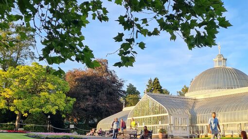 Large domed glass house building in the background in the sunshine, with people outside walking though the park, flower beds in foreground