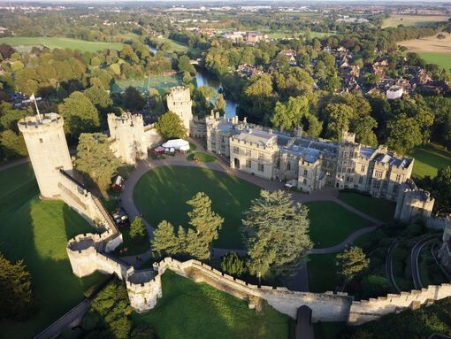 Warwick Castle exterior from above shows the castle as a fortress 