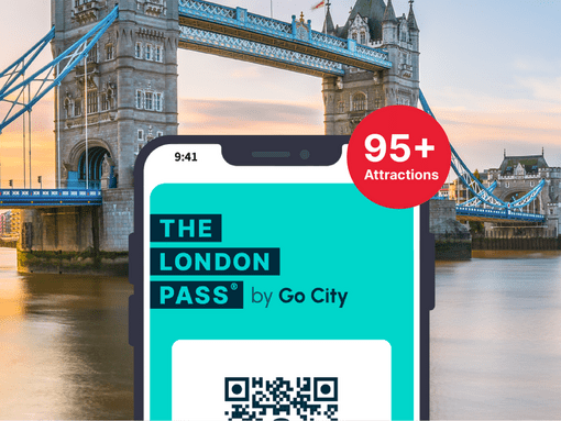 The London Pass held in front of Tower Bridge in London displaying over 95 attractions are included