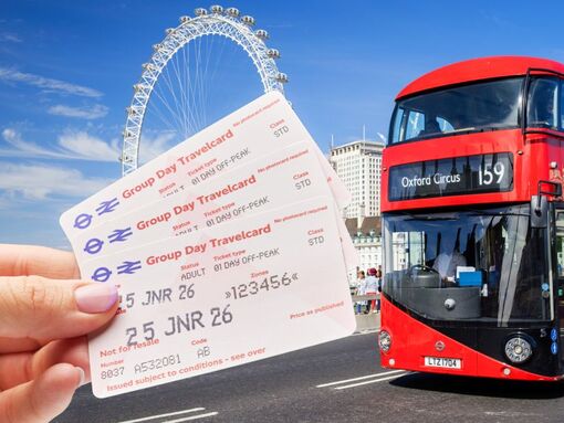 Group Day Travelcards held out next to a double decker London bus and the London Eye
