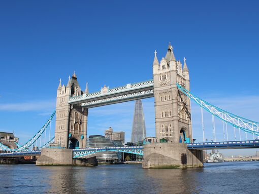 Tower Bridge in London against a blue sky