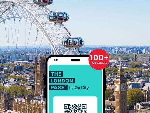 The London Pass app on a phone with the London Eye in the background