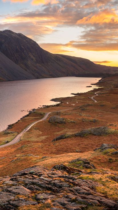 Aerial view of Wastwater with beautiful sunset clouds in sky. Lake District, England.