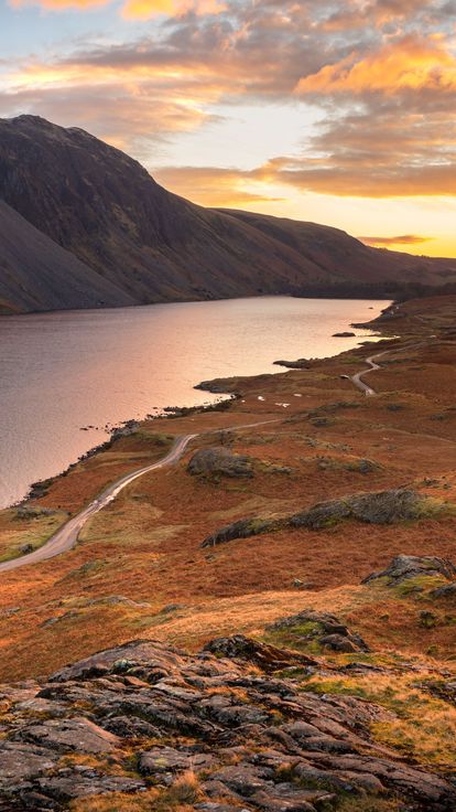 Aerial view of Wastwater with beautiful sunset clouds in sky. Lake District, England. 