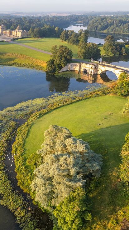 An aerial view of a serene lake with the majestic Blenheim Palace residence nestled on its shores.