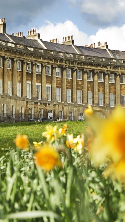External view of regency style curved row of buildings with a field of blurred out daffodils in the foreground