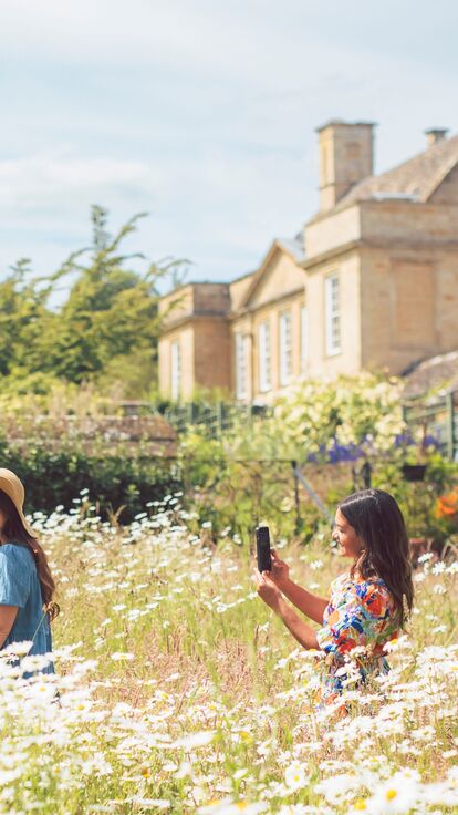 Two women enjoy gardens full of daisies in front of a stone house
