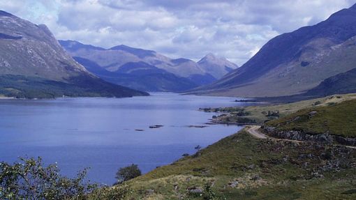 The serene, misty waters of Loch Etive in the Scottish Highlands.