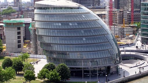 aerial view of the London City Hall building in daylight