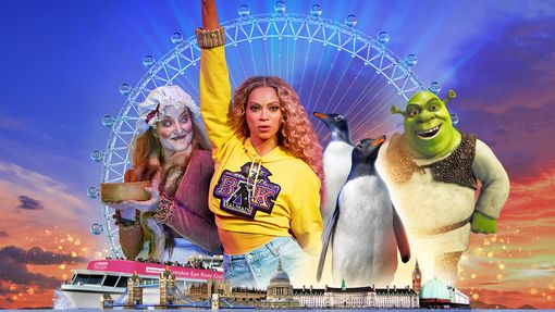 Merlin 5in1 artwork portraying Beyonce, Shreck and London Dungeons performances