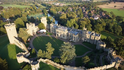 Warwick Castle exterior from above shows the castle as a fortress 