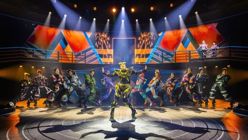 The cast of Starlight Express performing altogether on stage in London at the Troubadour Wembley Park Theatre