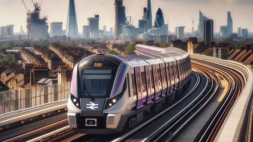 A train zooming with the London cityscape in the background