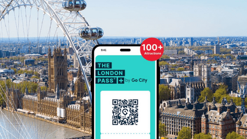 The London Pass Plus app with the London cityscape in the background