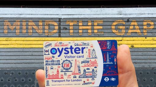 Visitor Oyster card shown next to the mind the gap writing on the platform