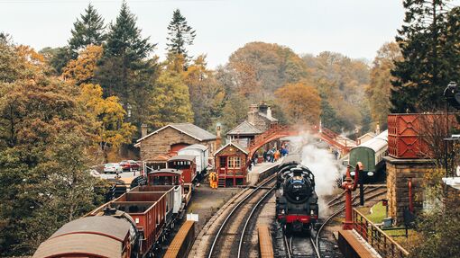 A top-down view of the steam trains at Goathland Train Station