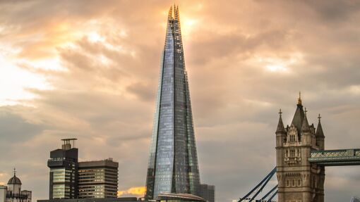 The Shard against a moody sky, as seen from a boat on the Thames