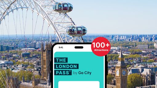 The London Pass app on a phone with the London Eye in the background