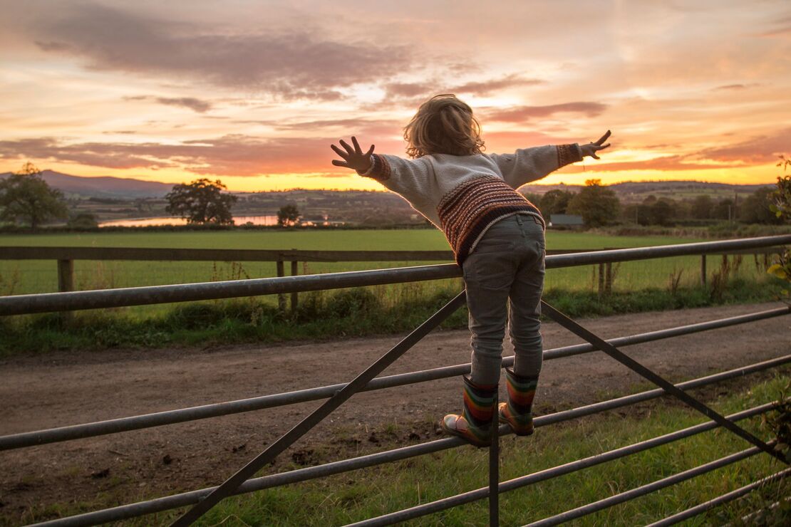 Young blond boy standing on metal gate with arms stretched out wide looking at the countryside towards the sunset