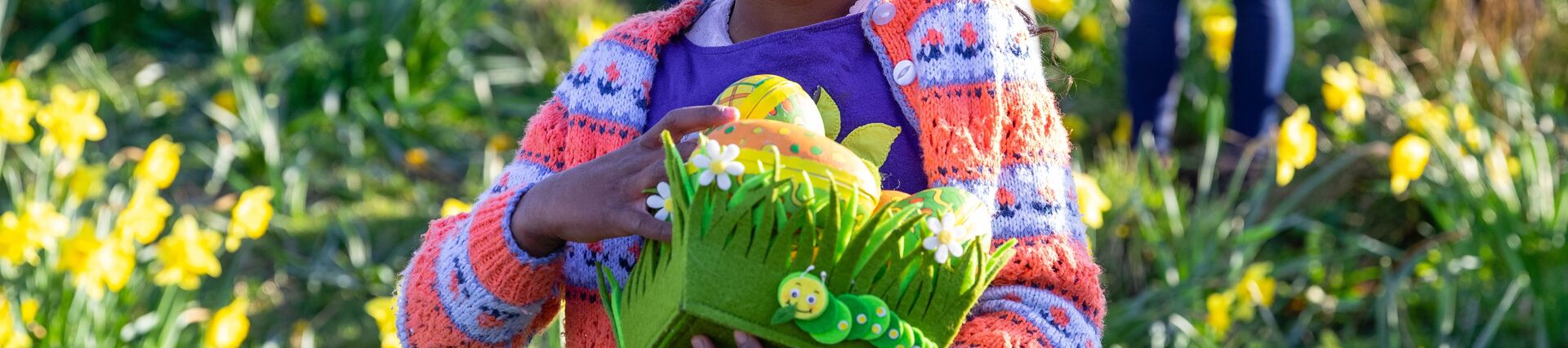 A female child standing in a field of daffodil flowers with a basket of Easter eggs