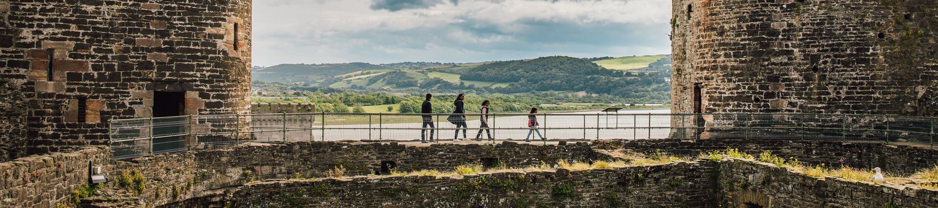 A family walking along castle walls with river view in the background