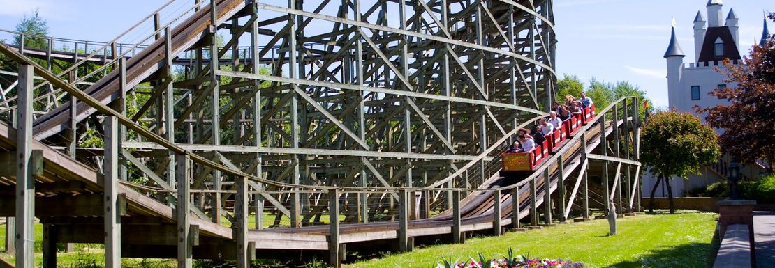 Wide shot of rollercoasters at Gulliver's World