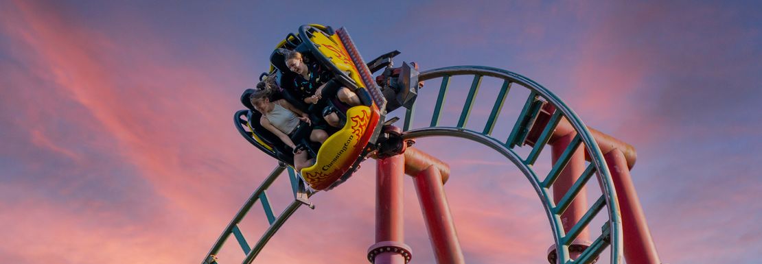 Dragons Fury rollercoaster at sunset at Chessington World of Adventures Resort
