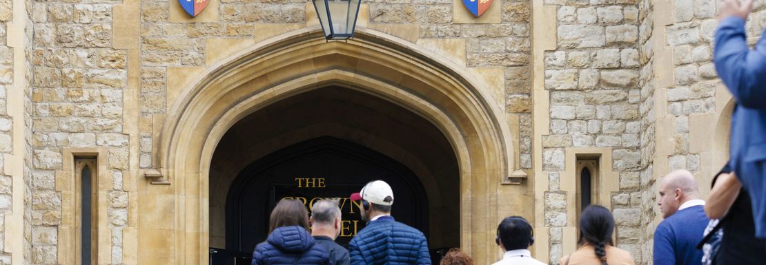 Entrance to the jewel house at the Tower of London with an interested queue of visitors
