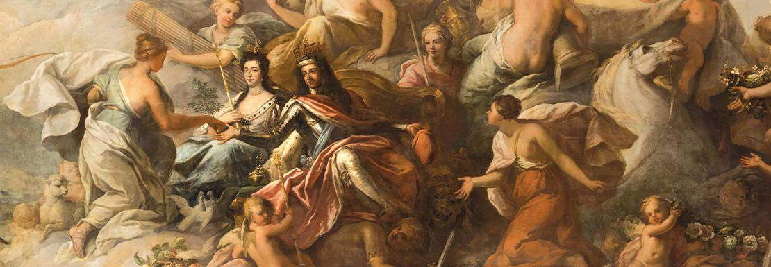 An example of artwork in the Painted Hall with a royal figure at the centre