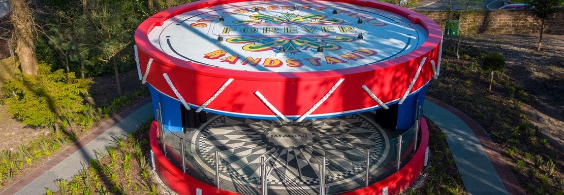 Strawberry Field bandstand with a Sgt Peppers Lonely Hearts Club Bank feel