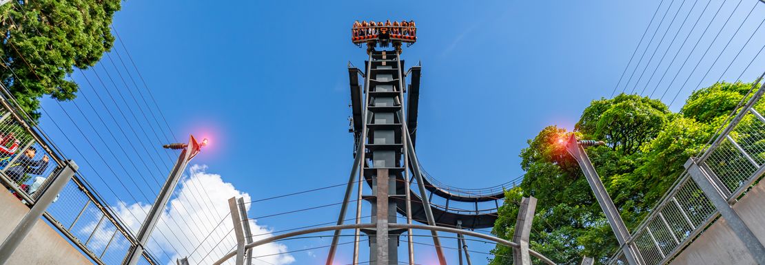 Oblivion roller coaster at Alton Towers is up high and about to come racing down