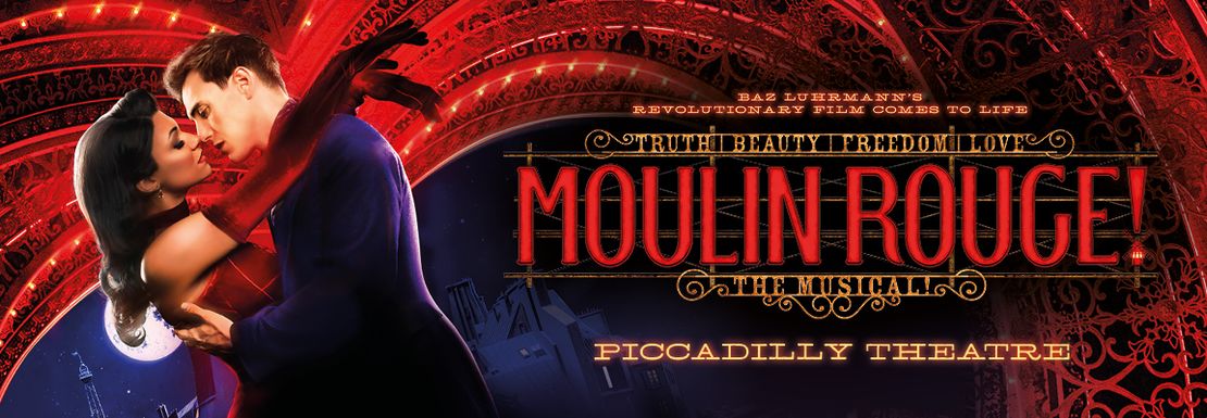 Moulin Rouge poster with a close up romantic scene between a man and woman