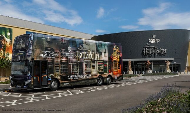 The Warner Bros Harry Potter Studio Tour bus outside the attraction