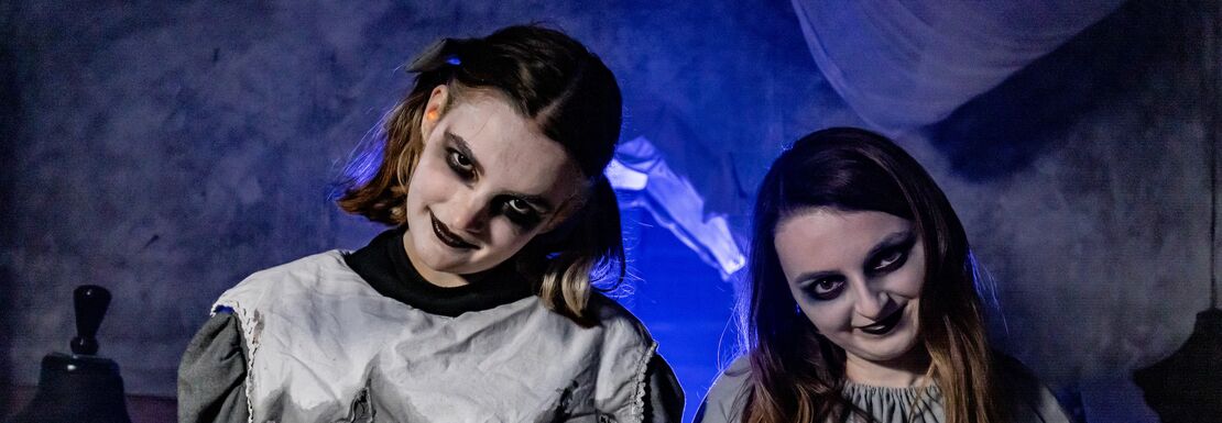 Two creepy young girls dressed in grey tilt their heads in a uniform way to strike a spooky pose