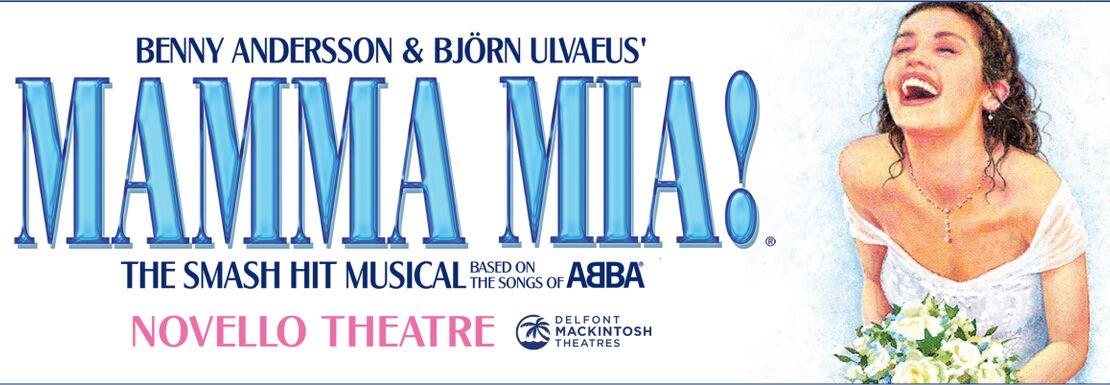 Mamma Mia poster showing the musical title and a woman in a wedding dress holding flowers