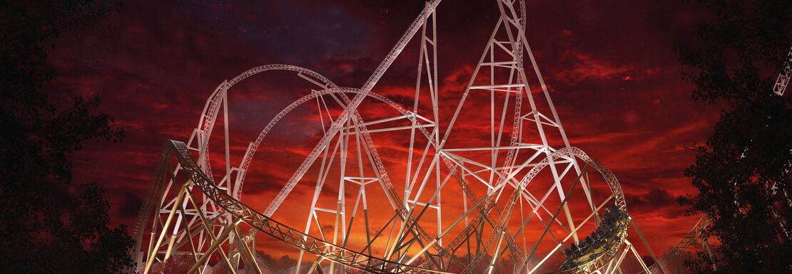 The rollercoaster Hyperia running on a spooky red-sky evening at the Thorpe Park Fright Nights event