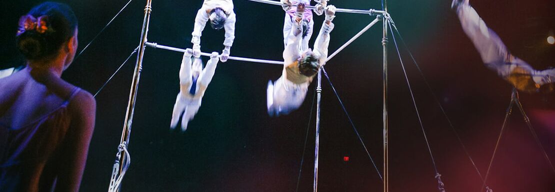 Cirque du Soleil performers doing acrobatics on bars