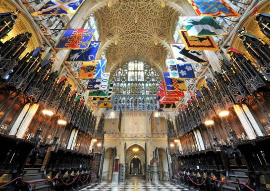 An interior shot of the brightly coloured ceiling of Westminster Abbey