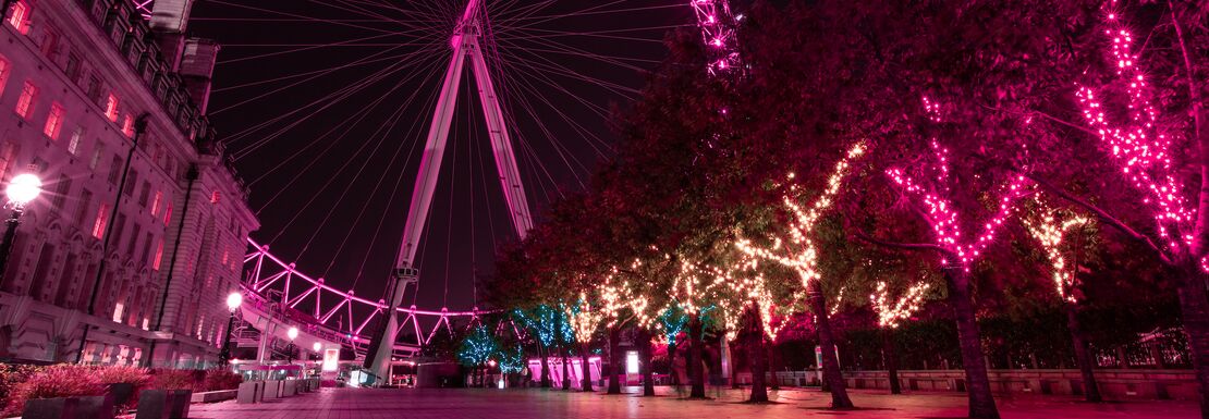 A purple scene of Christmas trees and lights lea up to the London Eye