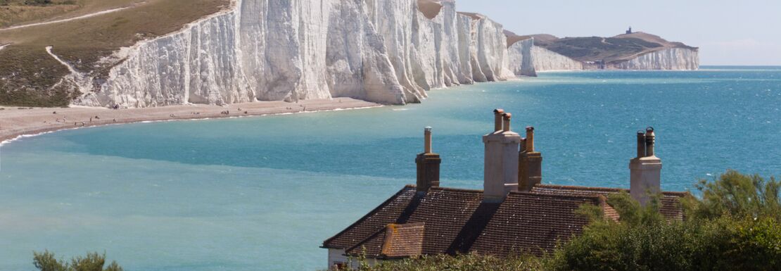 View of the Seven Sisters and Belle Tout Lighthouse from Cuckmere Haven South Downs in East Sussex