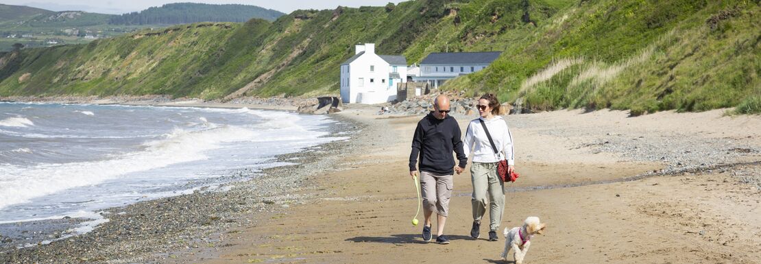 Dog walkers on the beach at Porthdinllaen, Gwynedd in North Wales
