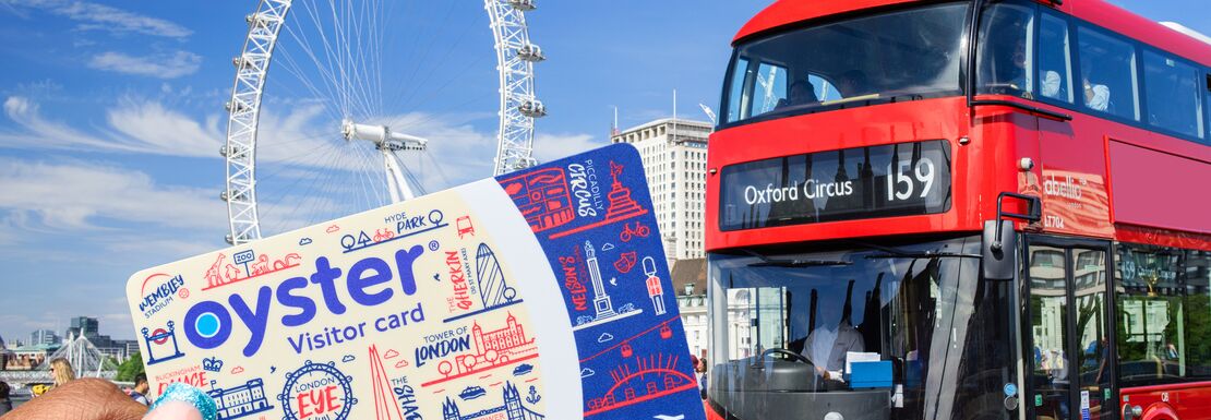 A Visitor Oyster Card is used after leaving a red double decker bus to see the London Eye