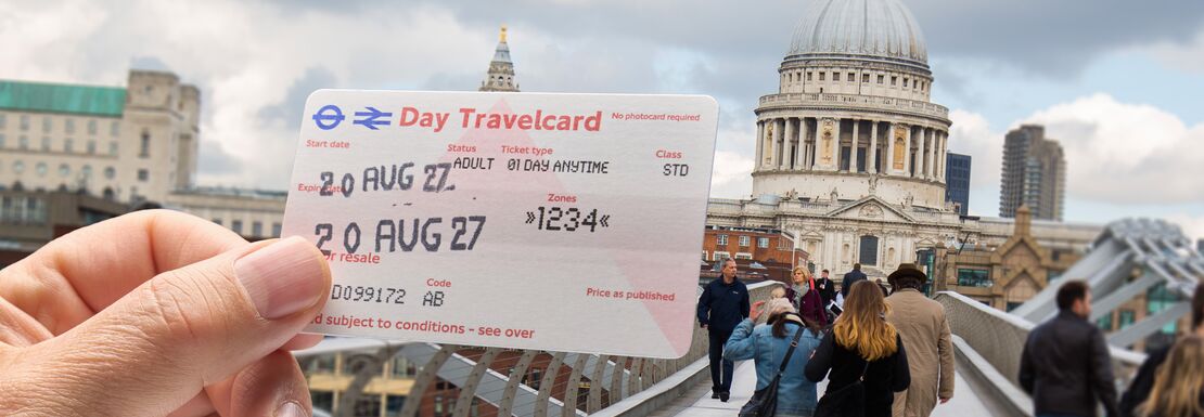 Day travelcard across from St Paul's Cathedral as people cross the bridge