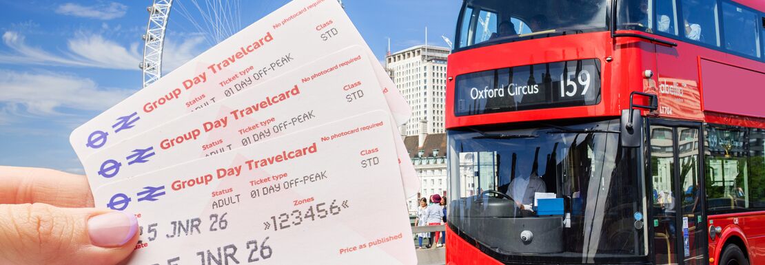Group Day travelcards held up next to a red double decker bus and the London eye