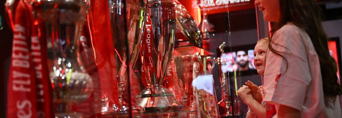 Young visitors watching the football cups through window