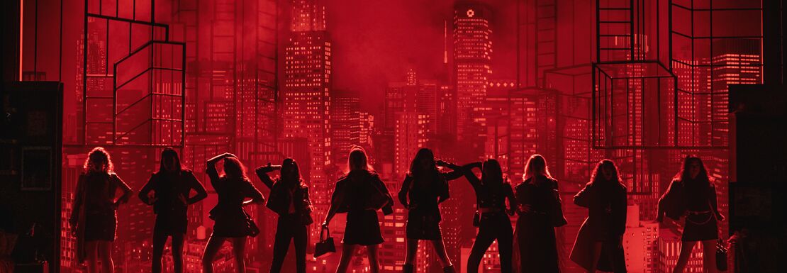Ensemble on red background