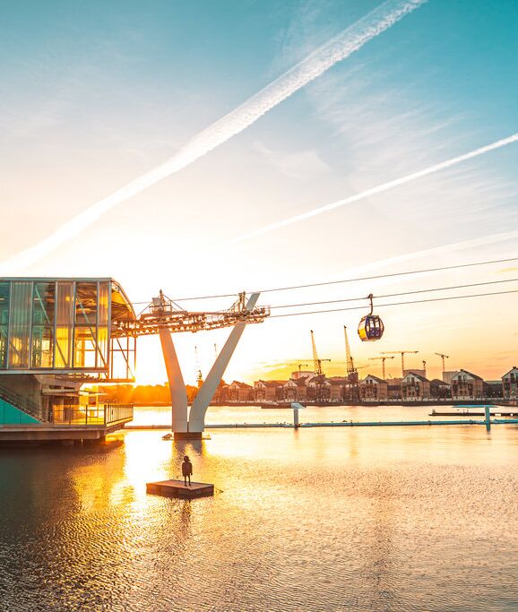 The IFS Cable Car with a sunrise in the background