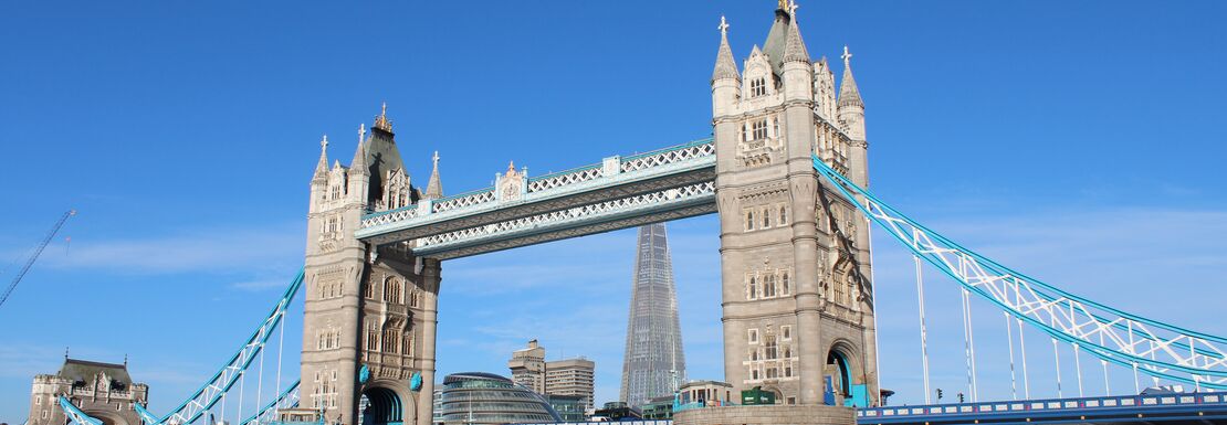 Tower Bridge in London against a blue sky