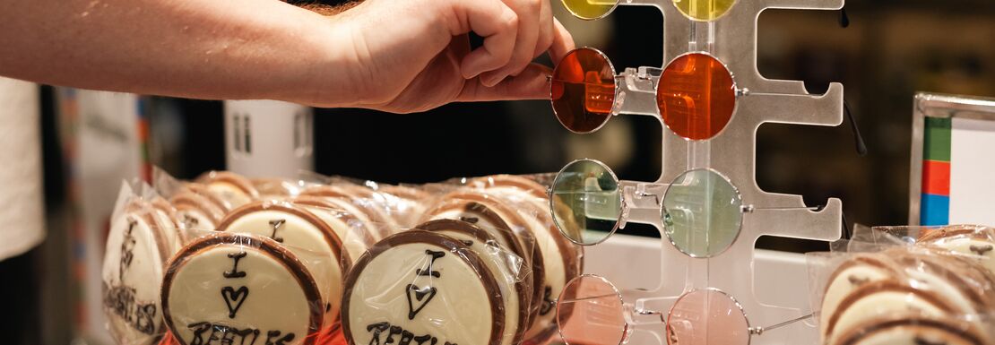 Glasses and cookies on sale at Beatles Story