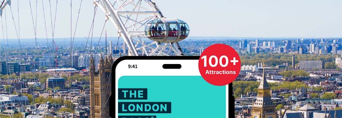 The London Pass app on a phone with the London Eye in the background